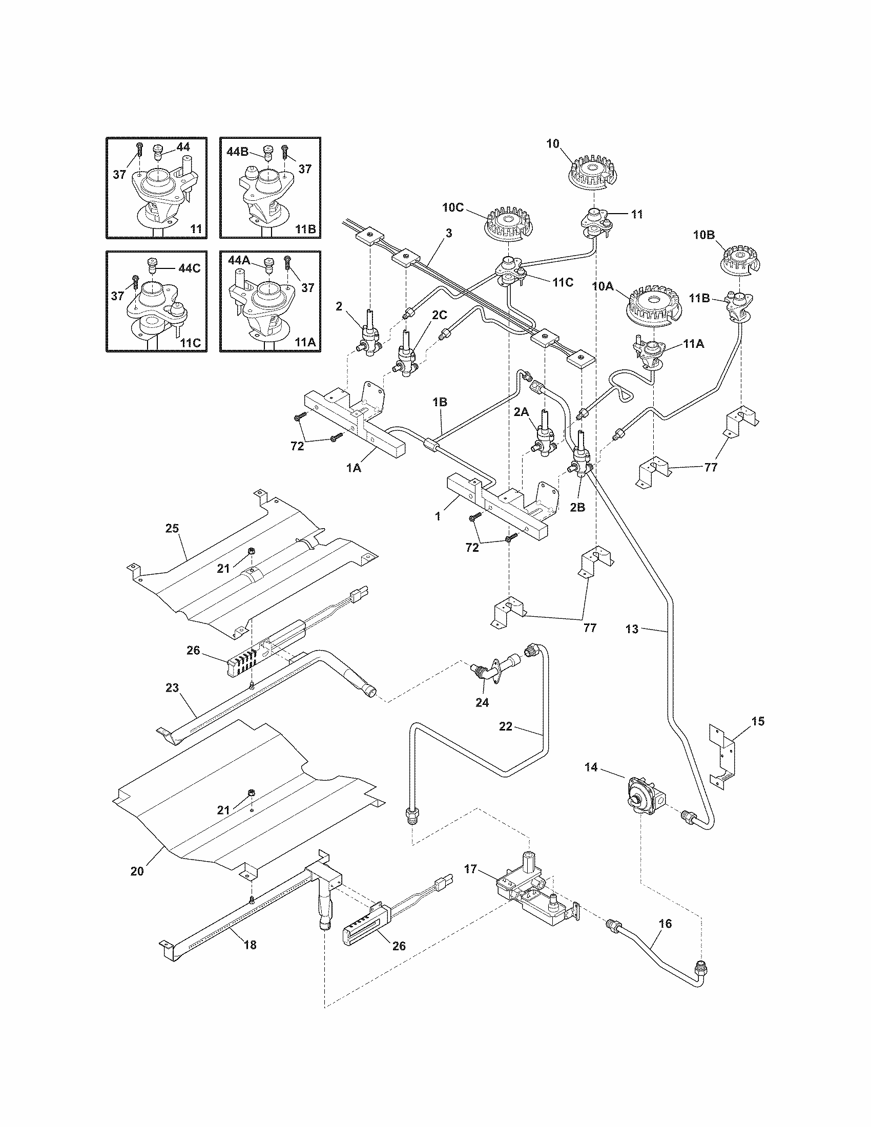 Burner Diagram and Parts List for 79036909904  Kenmore Range