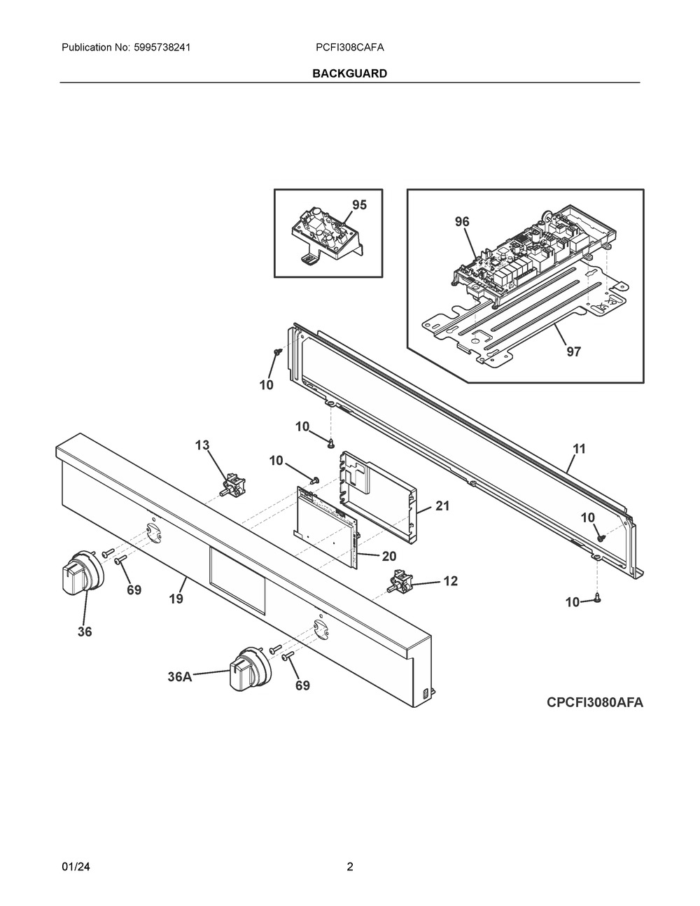 Backguard Diagram and Parts List for PCFI308CAFA  Frigidaire Range