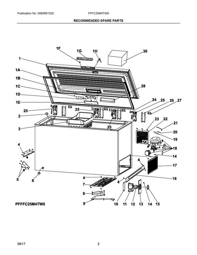 02 - Recommended Spare Parts Diagram and Parts List for FFFC25M4TW0  Frigidaire Freezer