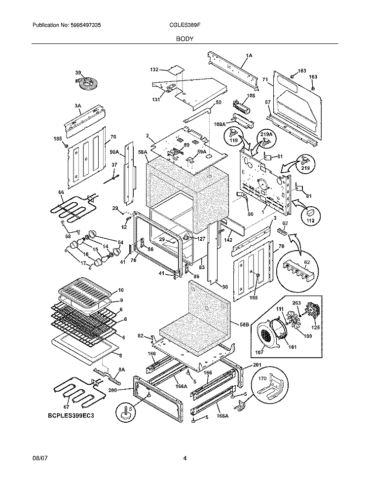 BODY Diagram and Parts List for CGLES389FS3  Frigidaire Range