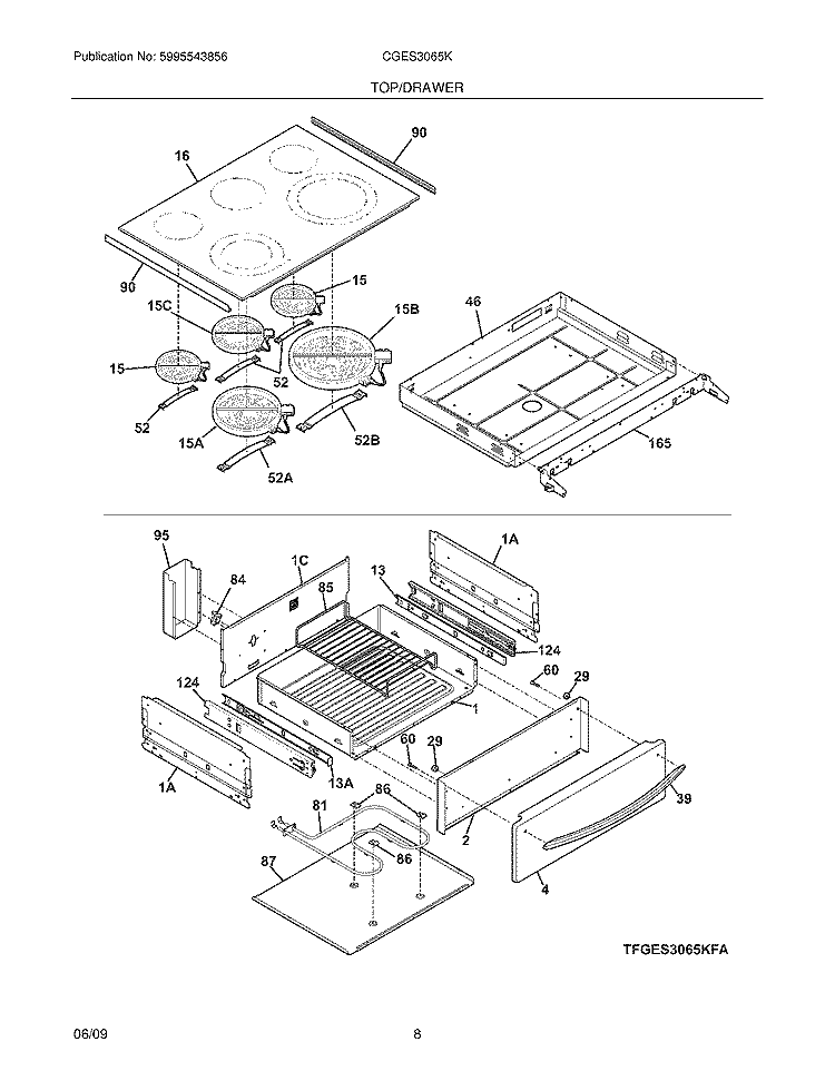 TOP/DRAWER Diagram and Parts List for CGES3065KW1  Frigidaire Range