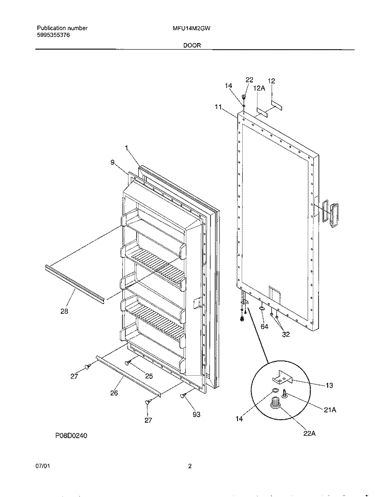 DOOR Diagram and Parts List for MFU14M2GW4  Frigidaire Freezer