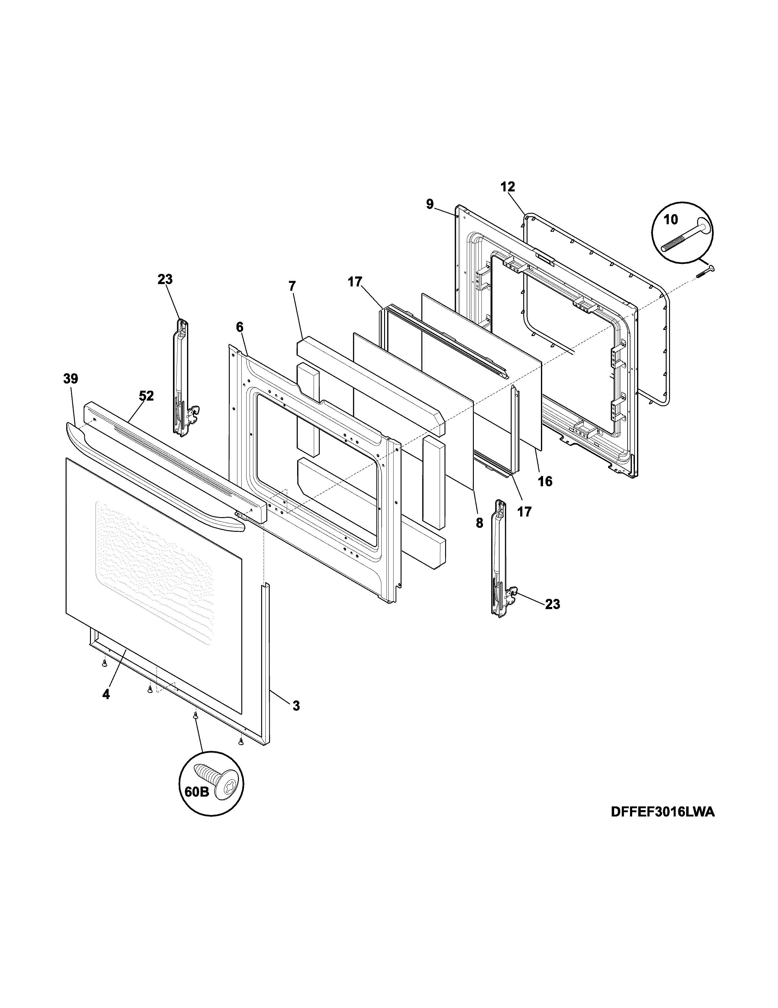 Door Diagram and Parts List for CFEF3014TWA  Frigidaire Range