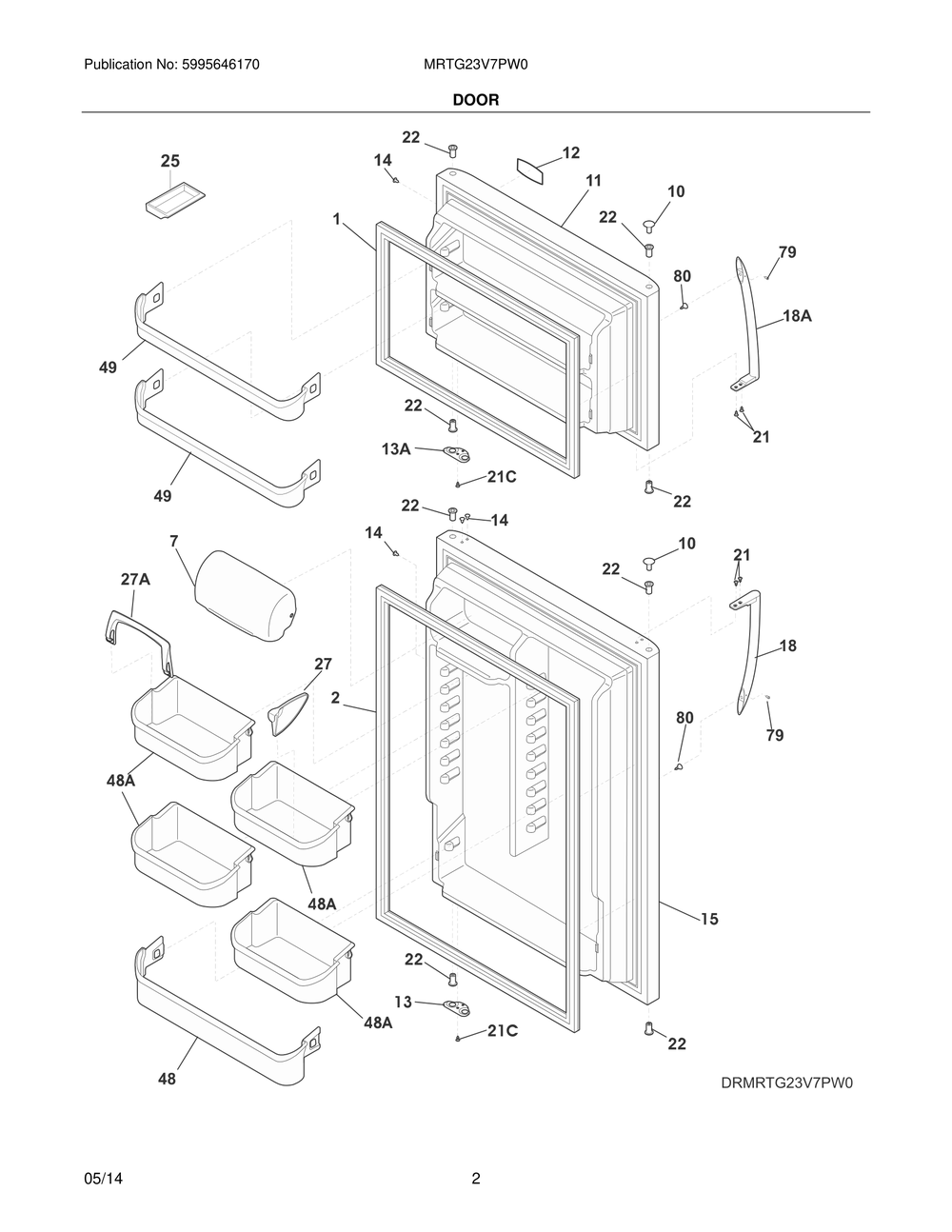 Door Diagram and Parts List for MRTG23V7PW0  Westinghouse Refrigerator