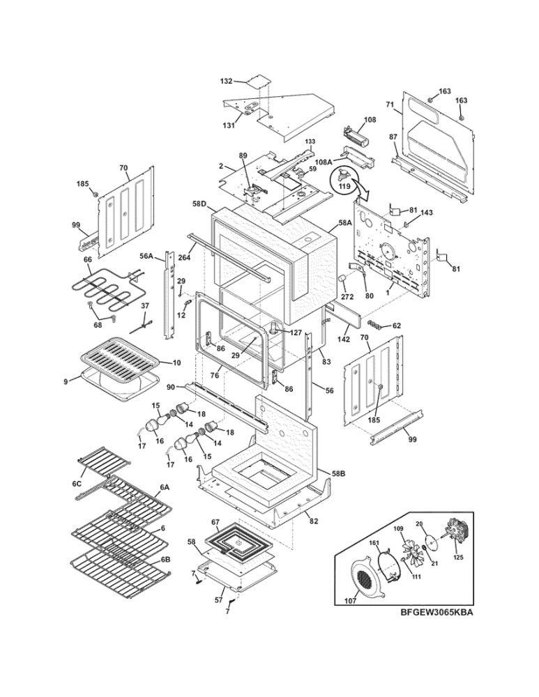 Body Diagram and Parts List for FGEW3065KWA  Frigidaire Wall Oven