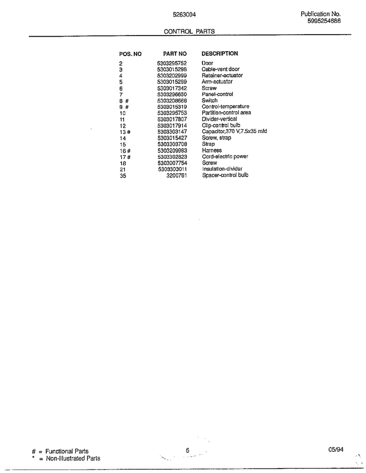 Control Parts Page 2 Diagram and Parts List for 5263004B  Frigidaire Air Conditioner