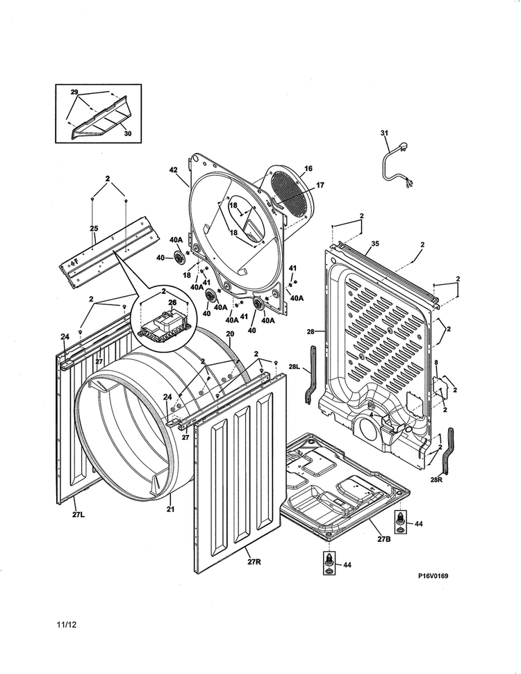 Cabinet/drum Diagram and Parts List for FARG1011MW0  Frigidaire Dryer