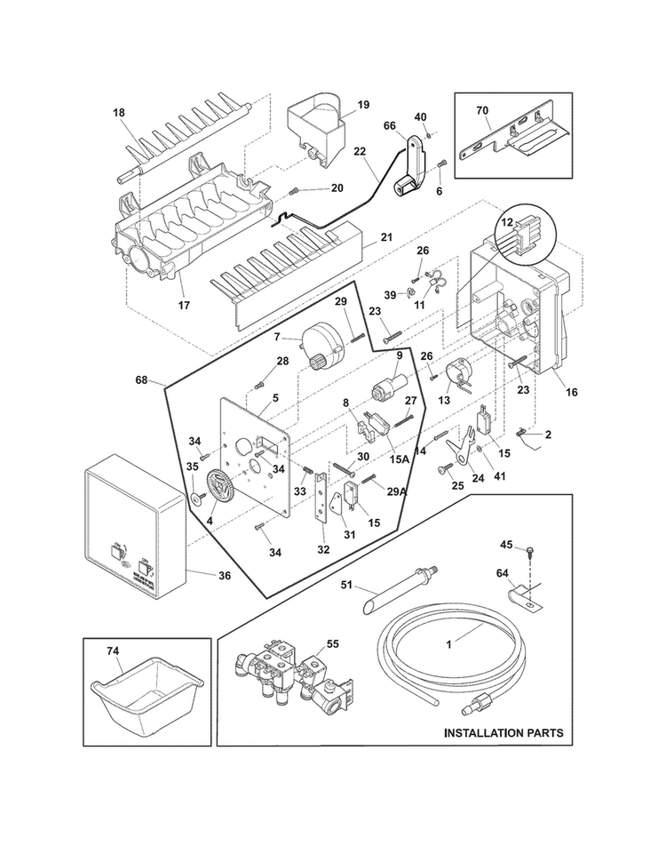 Freezer Ice Maker Diagram and Parts List for FPHB2899PF0  Frigidaire Refrigerator