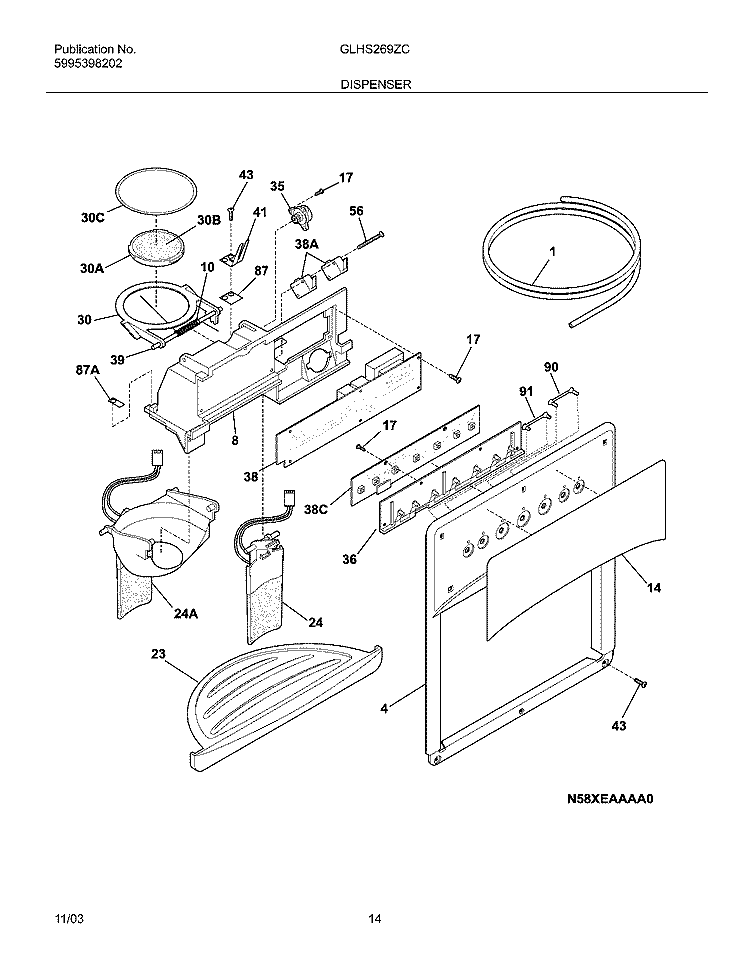 DISPENSER Diagram and Parts List for GLHS269ZCW2  Frigidaire Refrigerator