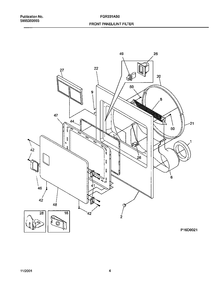 FRNT PNL, DOOR Diagram and Parts List for FGR331AS0  Frigidaire Dryer