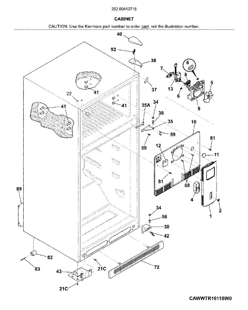 Cabinet Diagram and Parts List for 25360413716  Kenmore Refrigerator