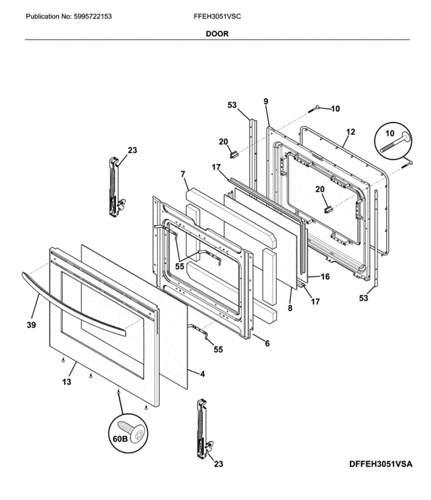 Door Diagram and Parts List for FFEH3051VSC  Frigidaire Range