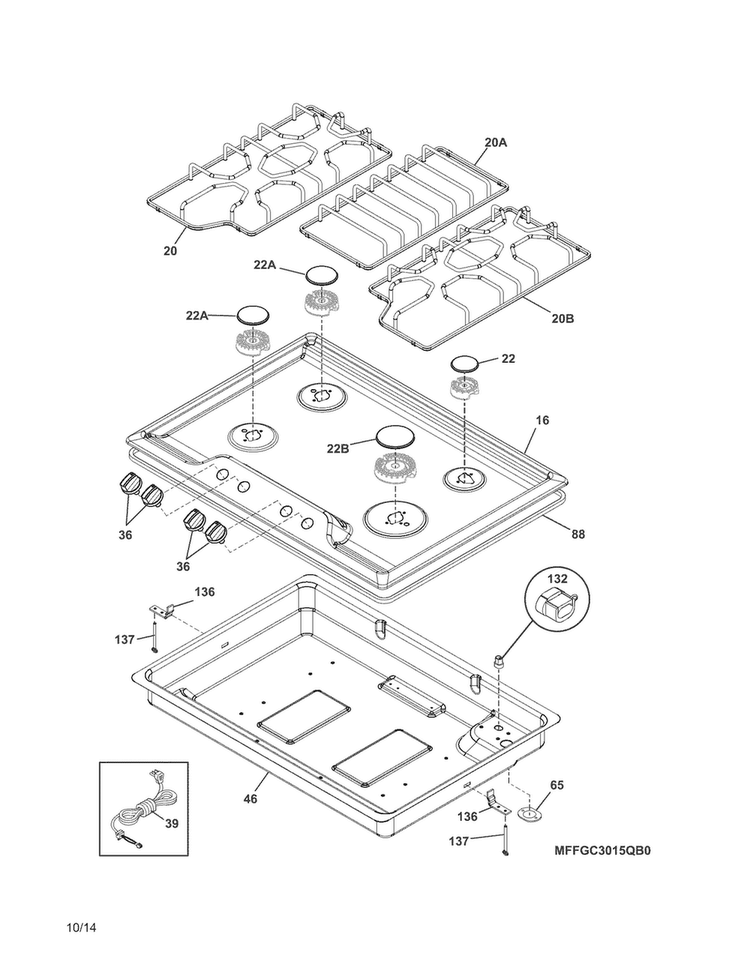Cooktop Diagram and Parts List for FFGC3015QWA  Frigidaire Cooktop