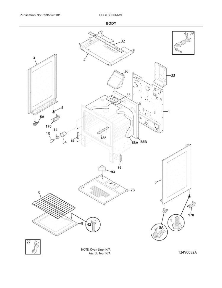 Body Diagram and Parts List for FFGF3005MWF  Frigidaire Range