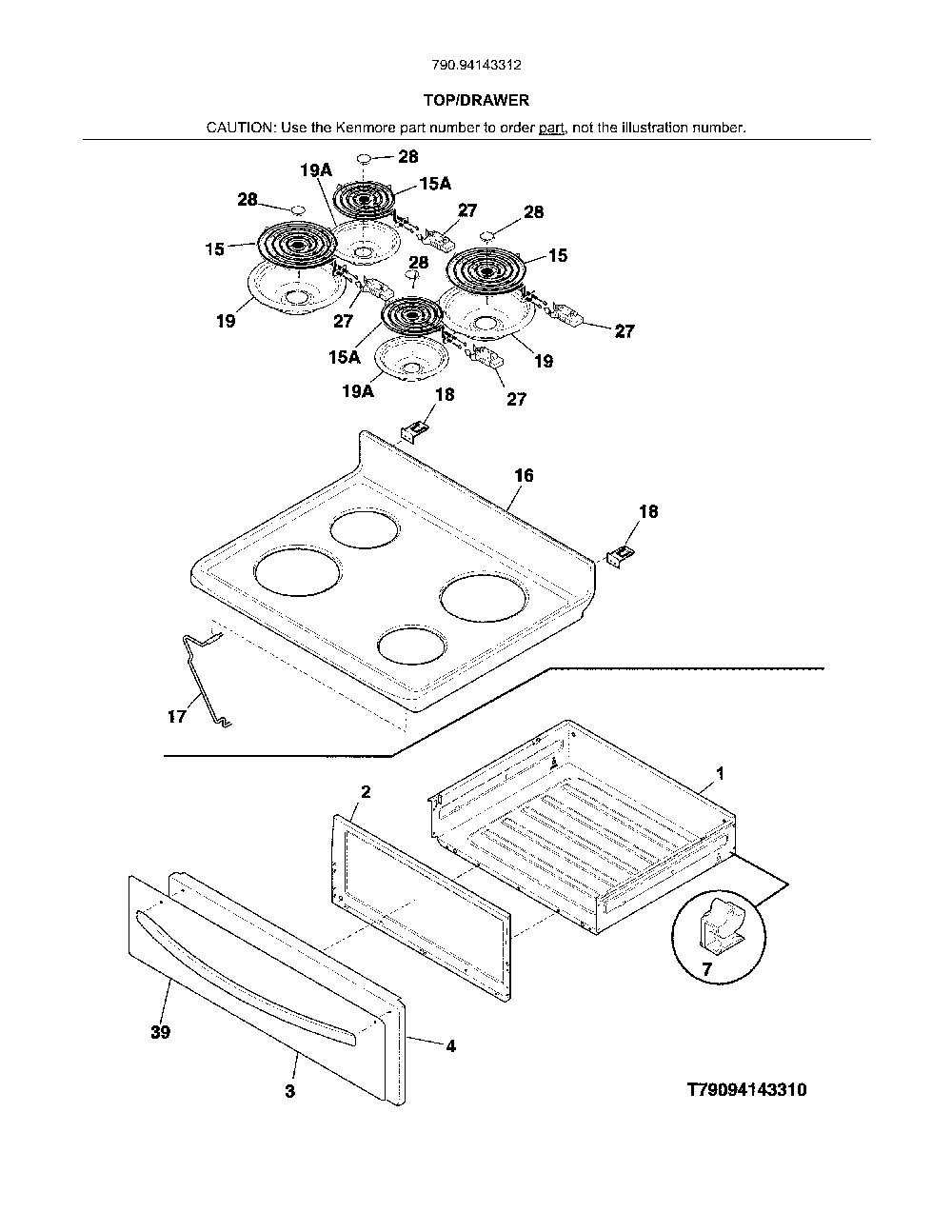 Top/drawer Diagram and Parts List for 79094143312  Kenmore Range