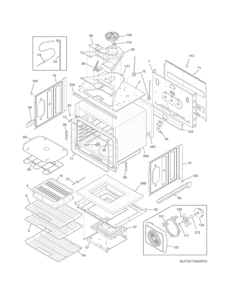 Upper Oven Diagram and Parts List for FGET3065PFA  Frigidaire Wall Oven