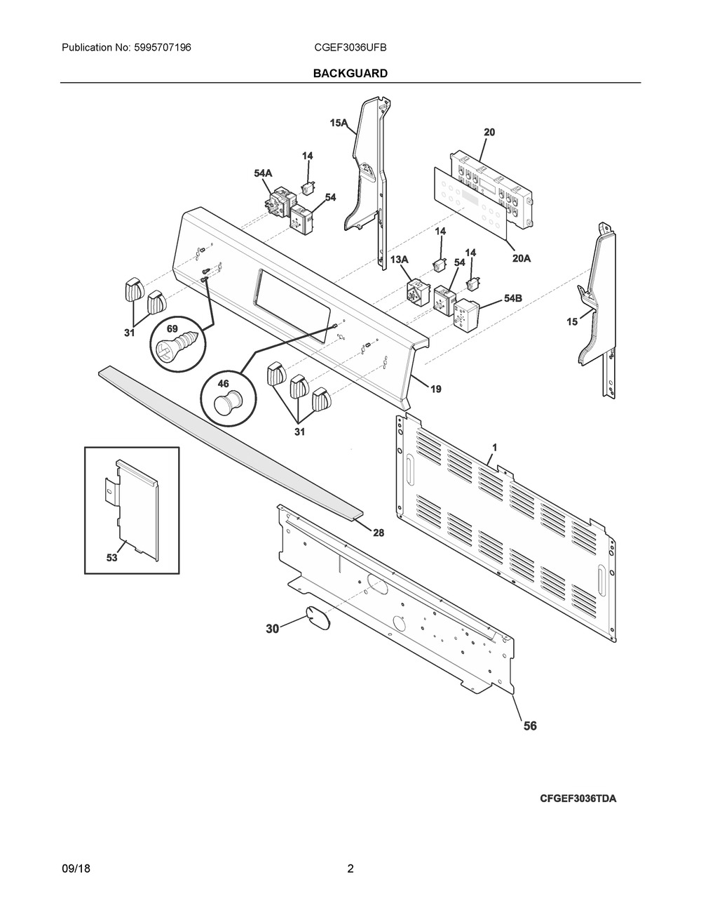 Backguard Diagram and Parts List for CGEF3036UFB  Frigidaire Range