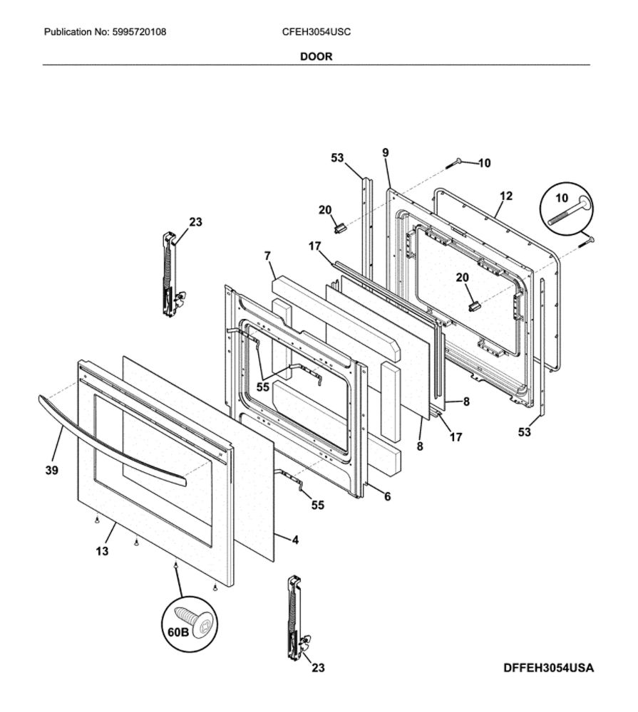 Door Diagram and Parts List for CFEH3054USC  Frigidaire Range