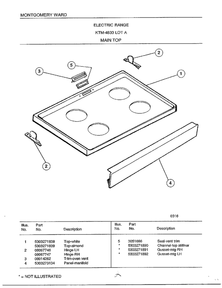 Main Top Diagram and Parts List for 4833A  Frigidaire Range