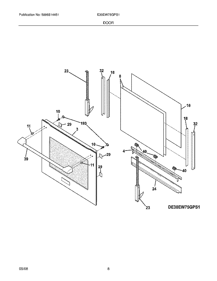 DOOR Diagram and Parts List for E30EW75GPS1  Electrolux Wall Oven