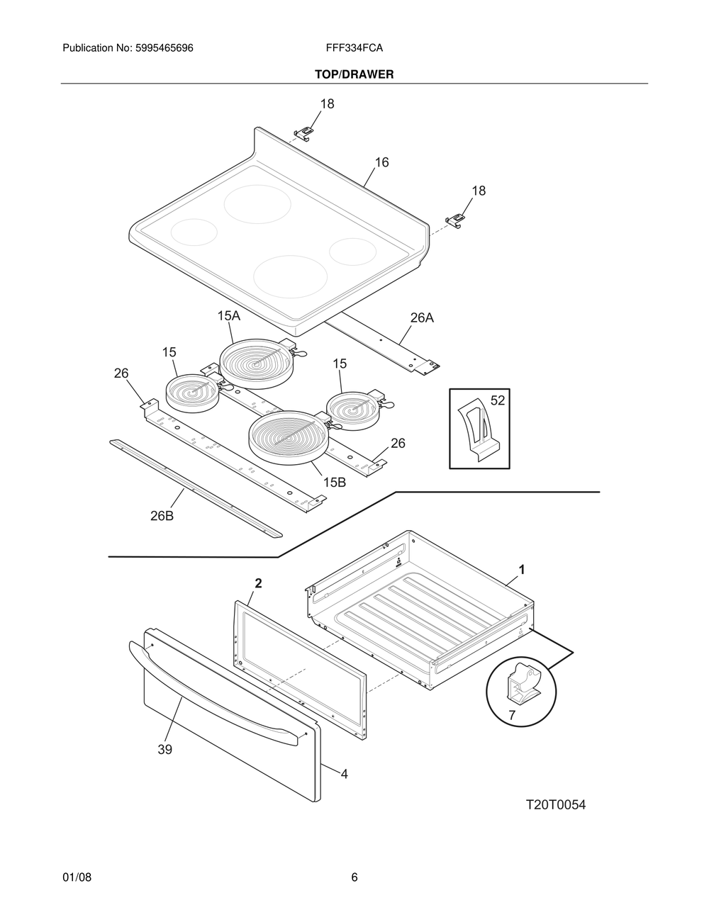 Top/Drawer Diagram and Parts List for FFF334FCA  Frigidaire Range