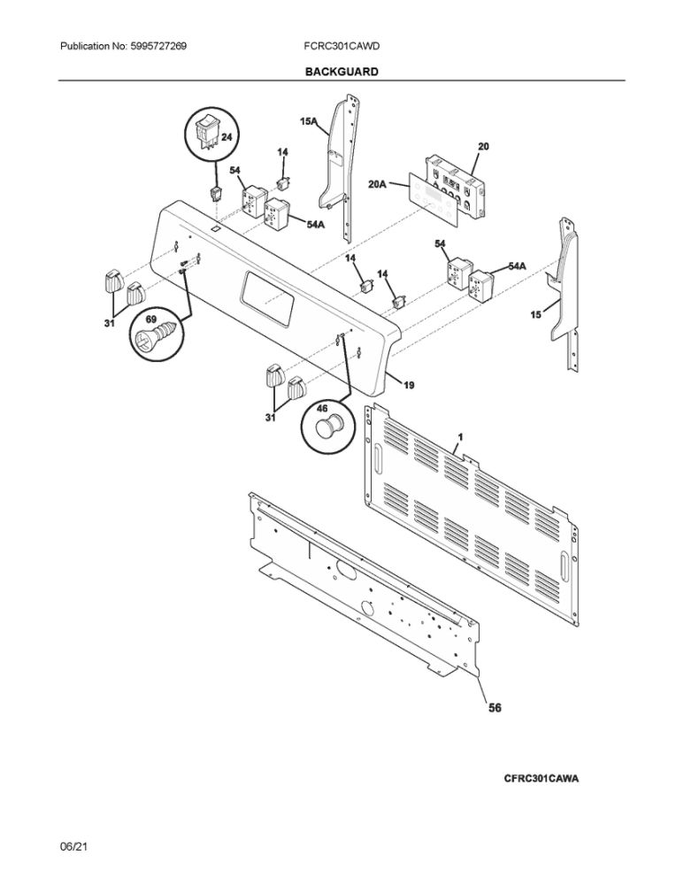 Backguard Diagram and Parts List for FCRC301CAWD  Frigidaire Range