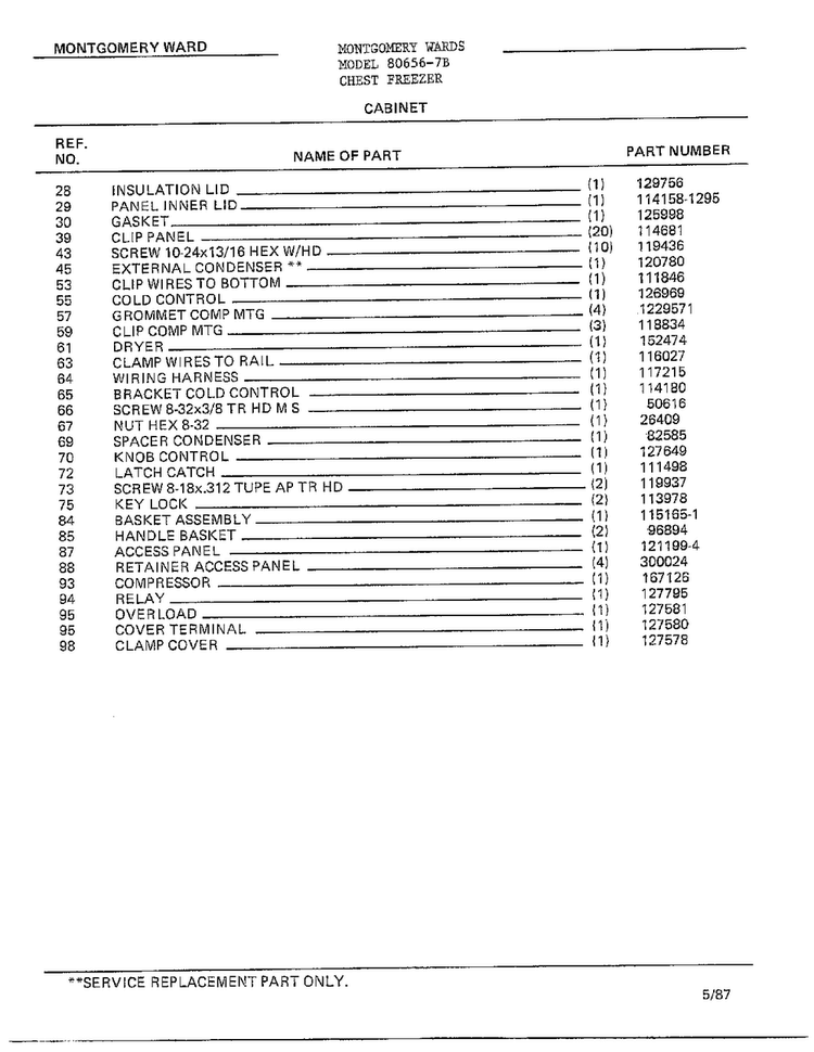 Cabinet Page 2 Diagram and Parts List for 80656-7B  Frigidaire Freezer