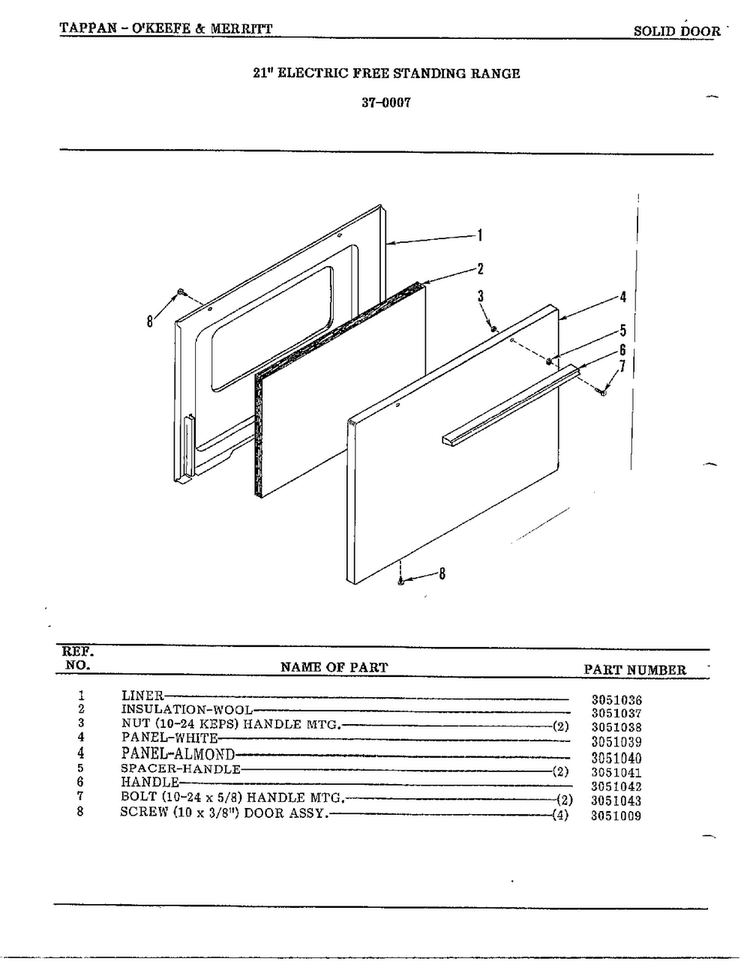 Visualite Door Diagram and Parts List for 37-0117  Frigidaire Range
