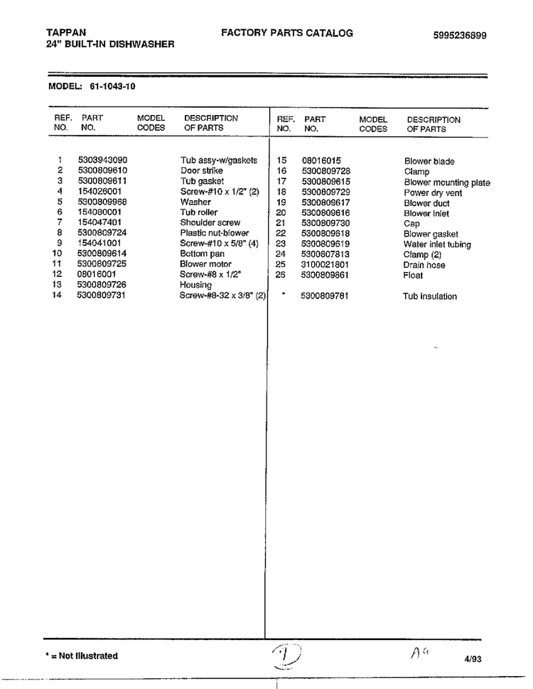 Parts List Diagram and Parts List for 61-1043-10  Frigidaire Dishwasher