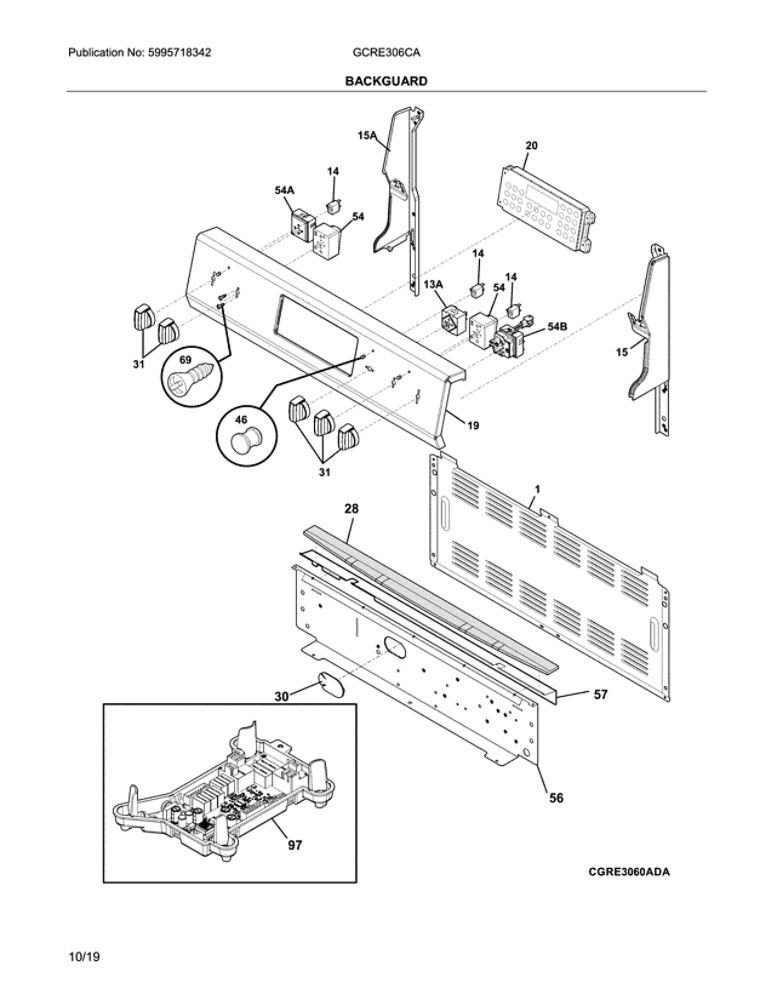 Backguard Diagram and Parts List for GCRE306CAFA  Frigidaire Range