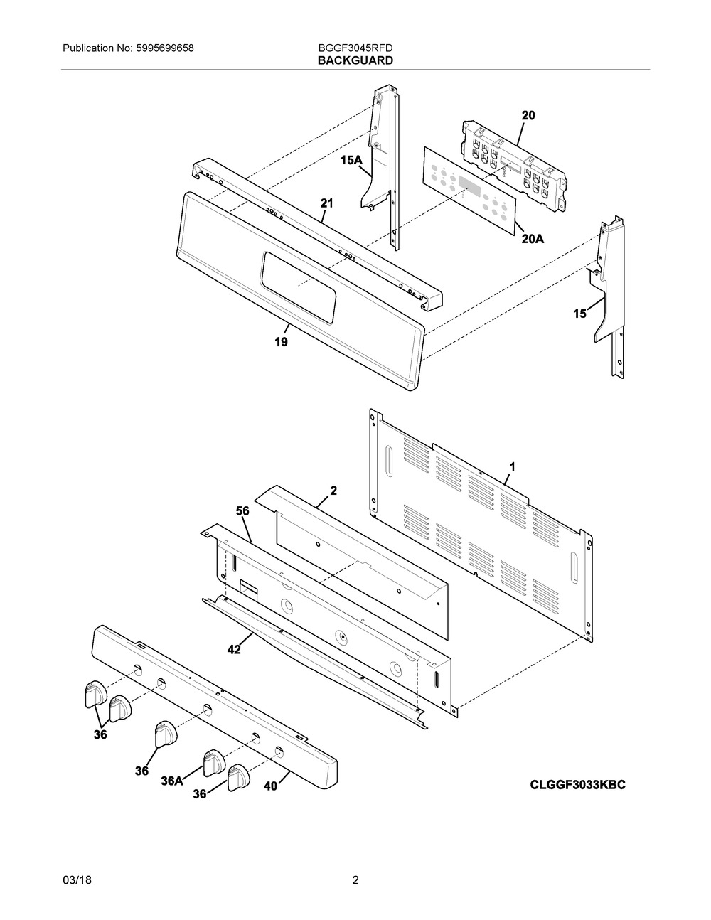 Backguard Diagram and Parts List for BGGF3045RFD  Frigidaire Range