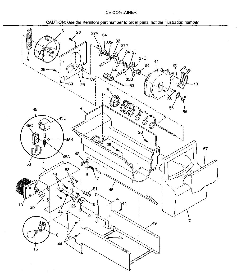 Ice container Diagram and Parts List for 25353679302  Kenmore Refrigerator