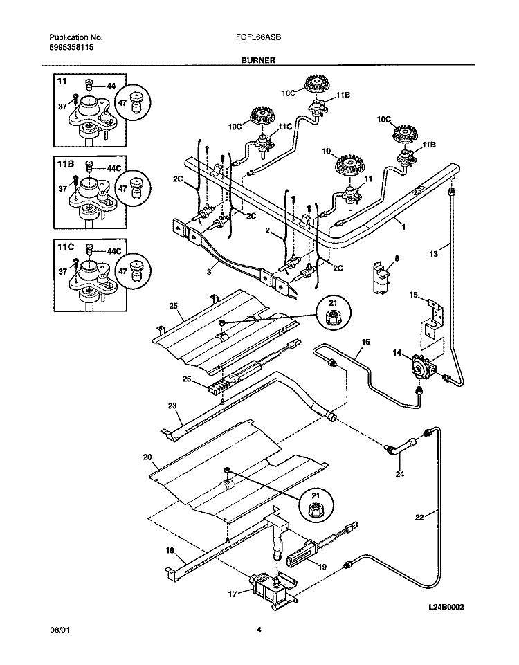 BURNER Diagram and Parts List for FGFL66ASB  Frigidaire Range