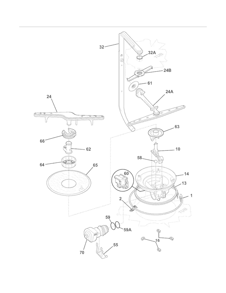 Motor & Pump Diagram and Parts List for LGBD2431LF0B  Frigidaire Dishwasher
