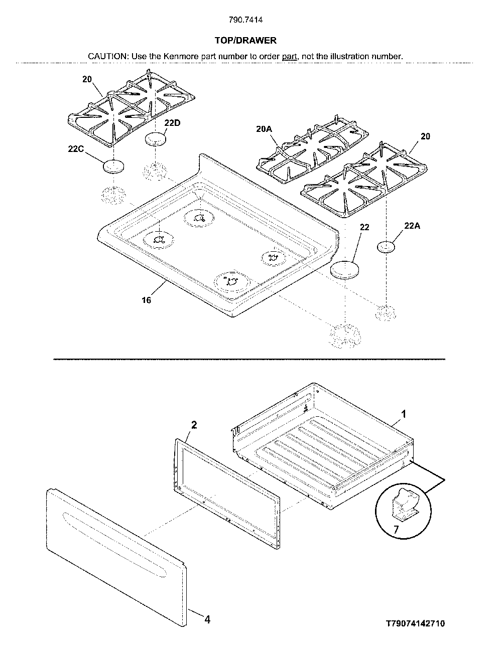 Top/drawer Diagram and Parts List for 79074149711  Kenmore Range