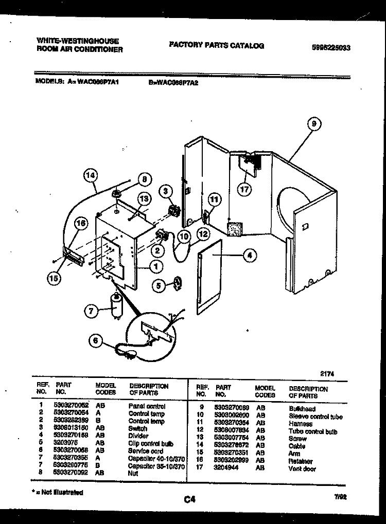 ELECTRICAL PARTS Diagram and Parts List for WAC086P7A1  Frigidaire Air Conditioner