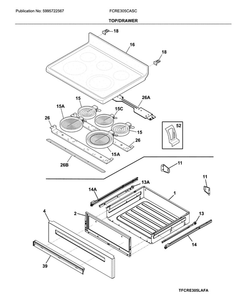 Top/Drawer Diagram and Parts List for FCRE305CASC  Frigidaire Range