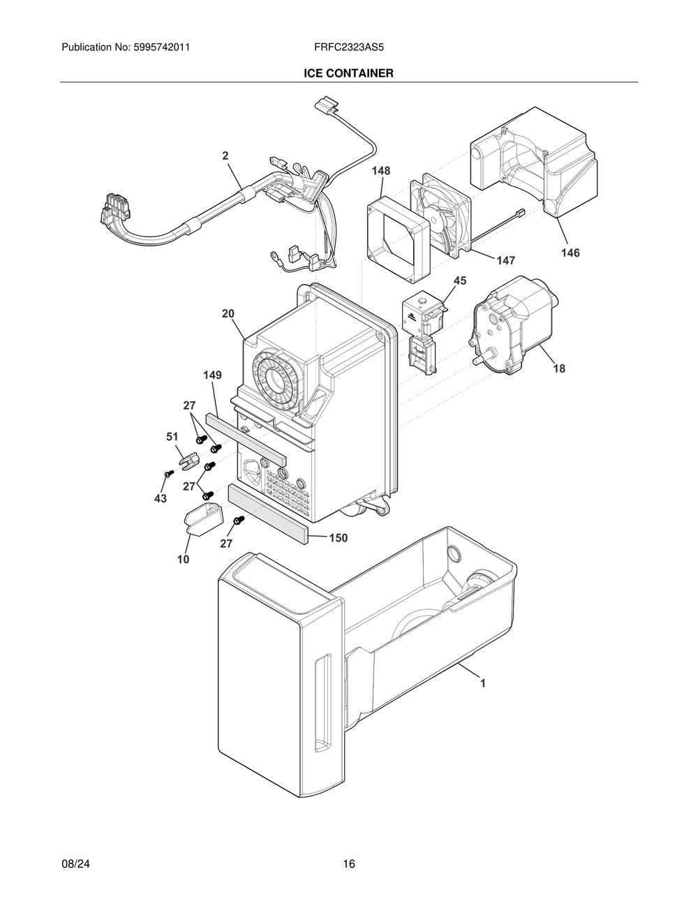 Ice Container Diagram and Parts List for FRFC2323AS5  Frigidaire Refrigerator