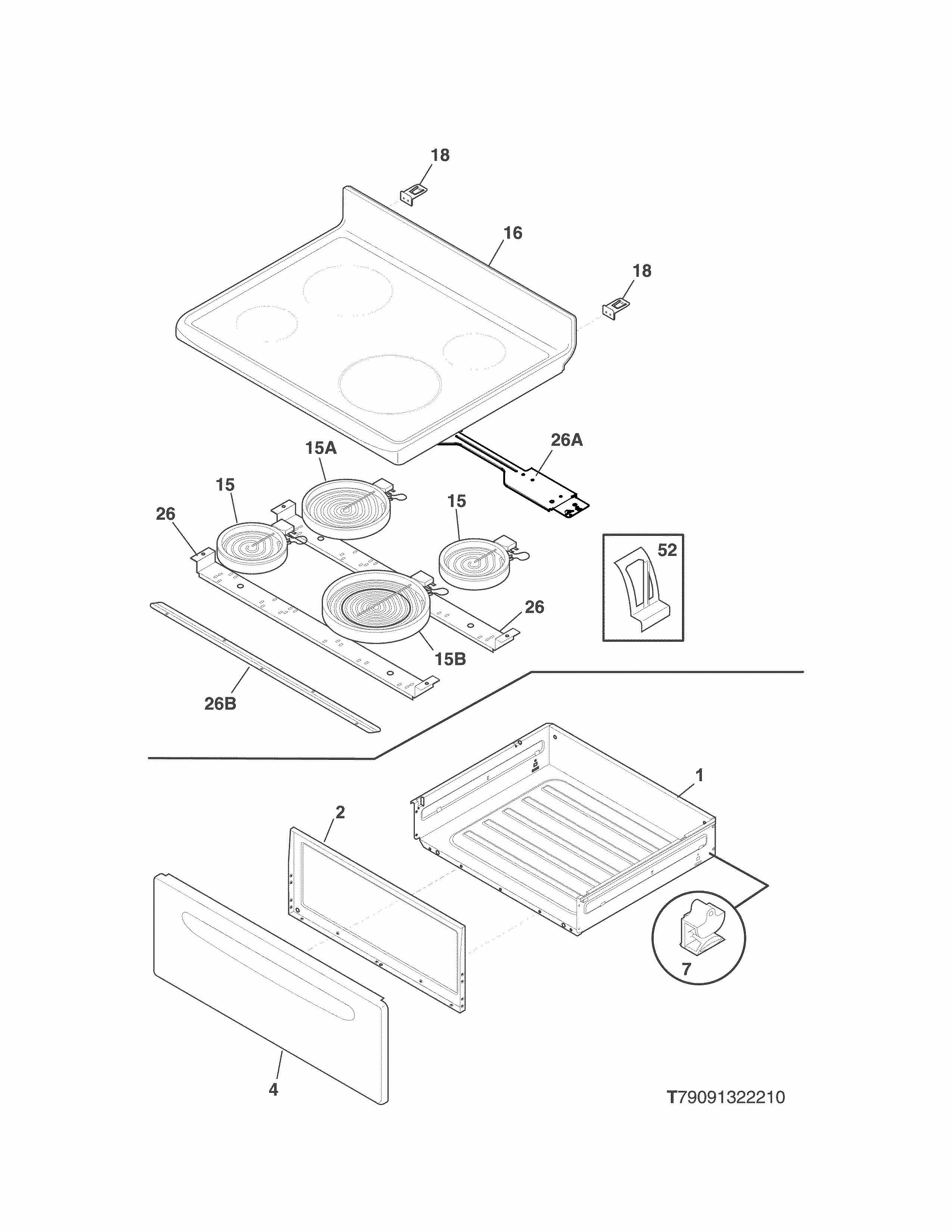 Top/drawer Diagram and Parts List for 79093012312  Kenmore Range