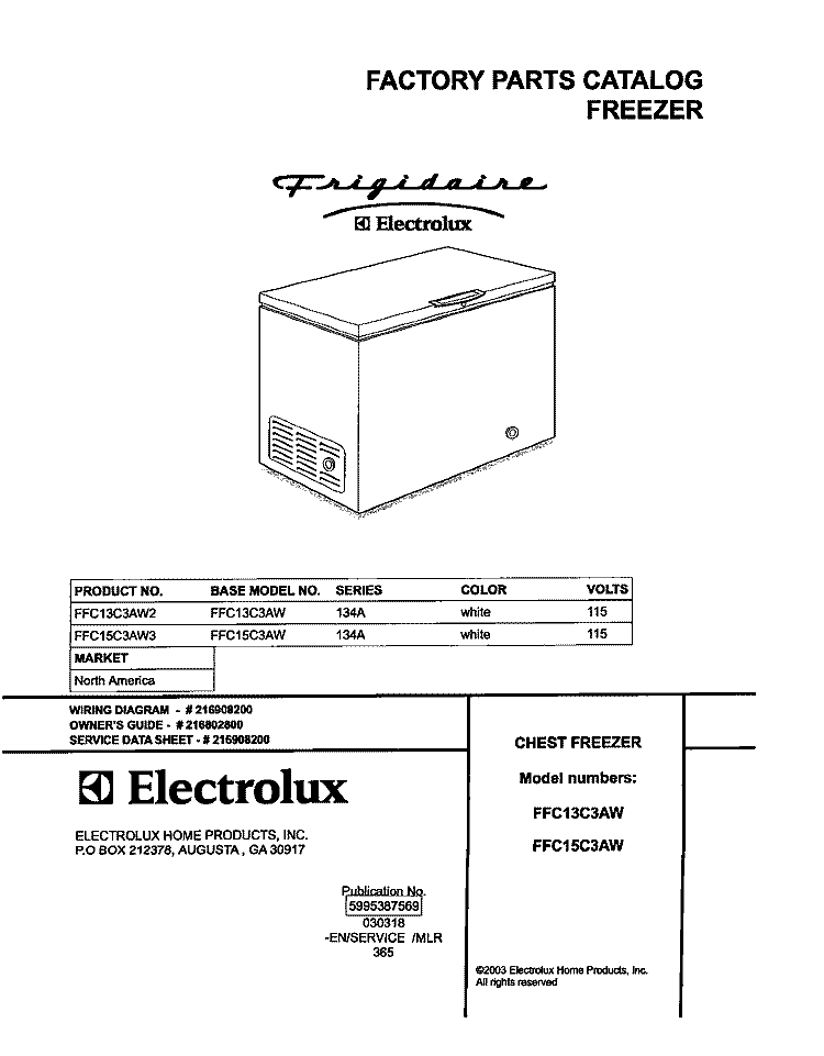 COVER Diagram and Parts List for FFC15C3AW3  Frigidaire Freezer