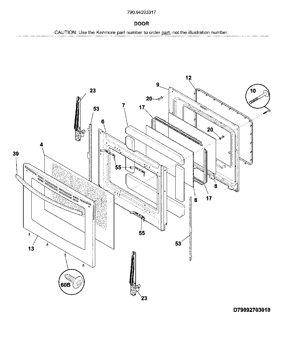Door Diagram and Parts List for 79094203317  Kenmore Range