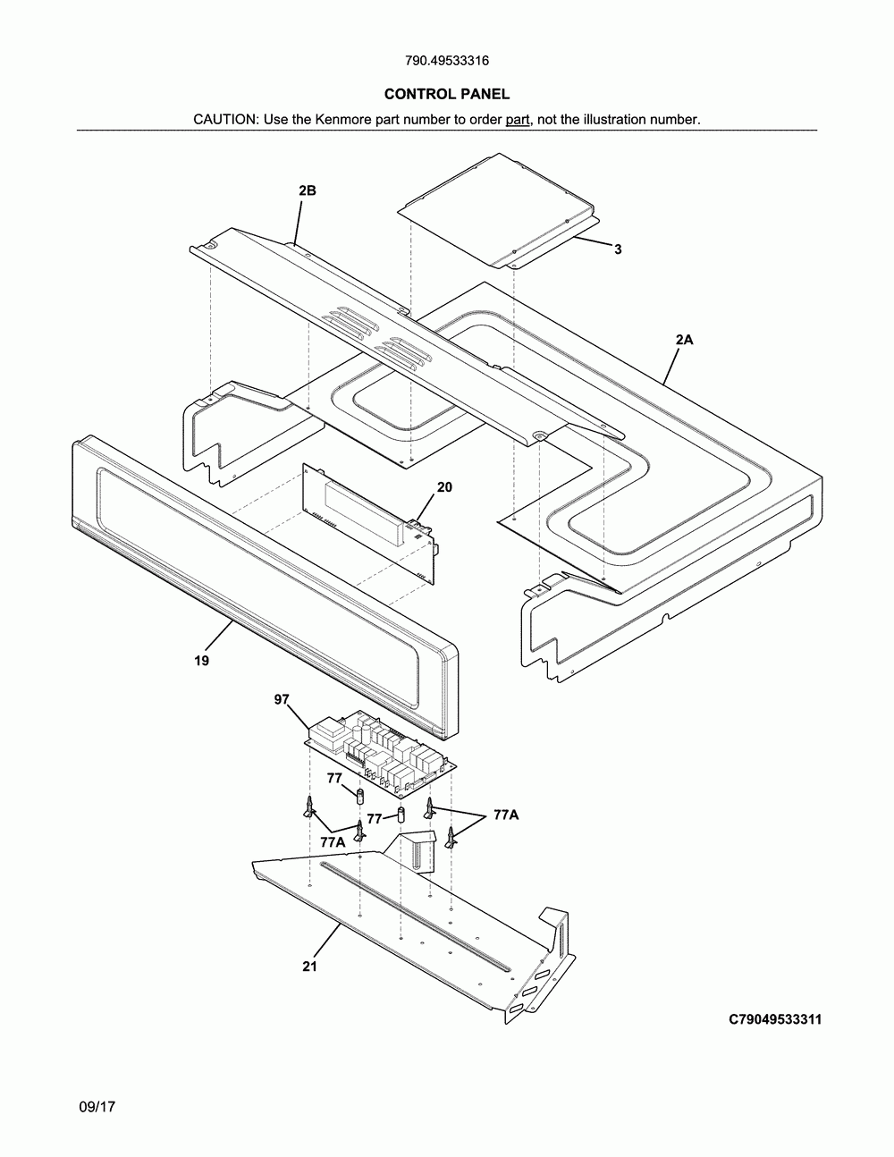 Control panel Diagram and Parts List for 79049533316  Kenmore Wall Oven