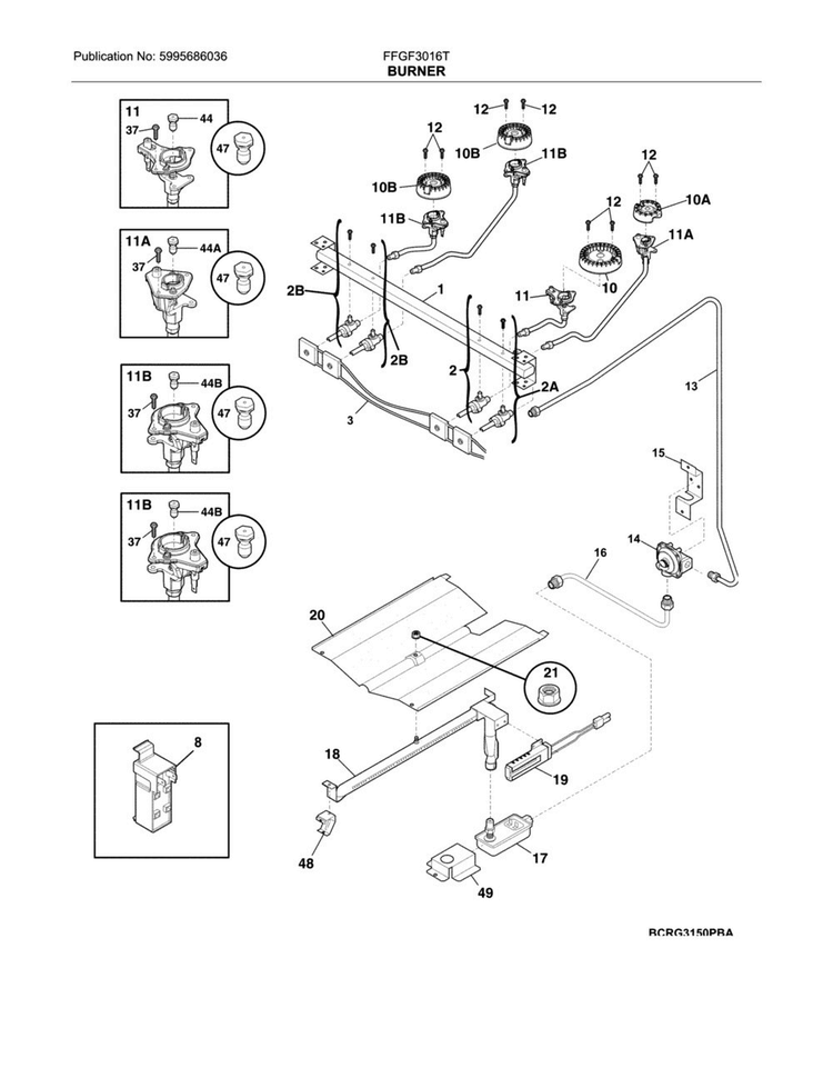 Burner Diagram and Parts List for FFGF3016TWA  Frigidaire Range