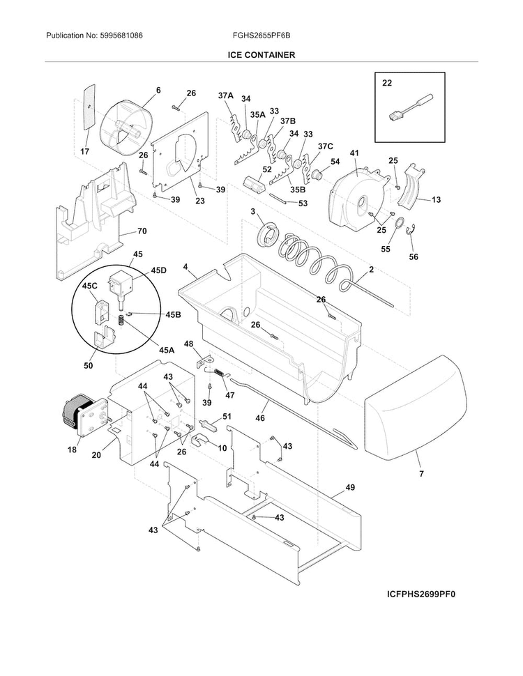 Ice Container Diagram and Parts List for FGHS2655PF6B  Frigidaire Refrigerator