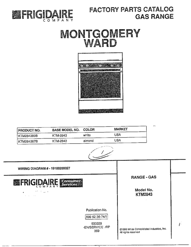 Front Page Diagram and Parts List for 2843-80B  Frigidaire Range