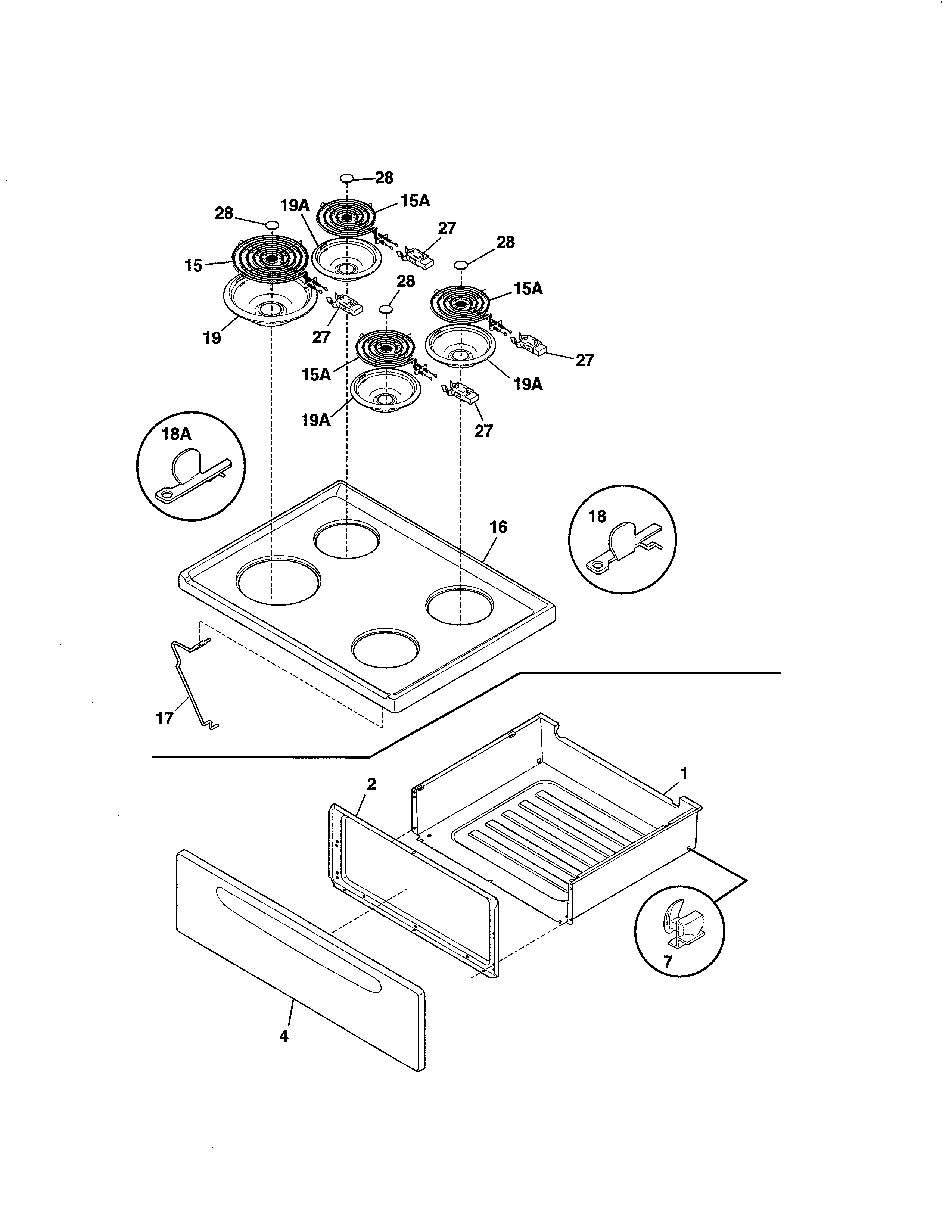 Top/drawer Diagram and Parts List for 79065312210  Kenmore Range