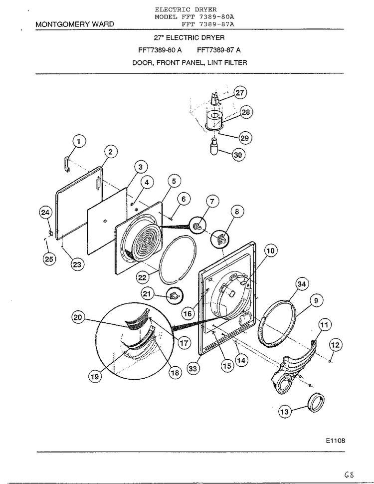 Door, Front Panel, Lint Filter Diagram and Parts List for 7389-80A  Frigidaire Dryer