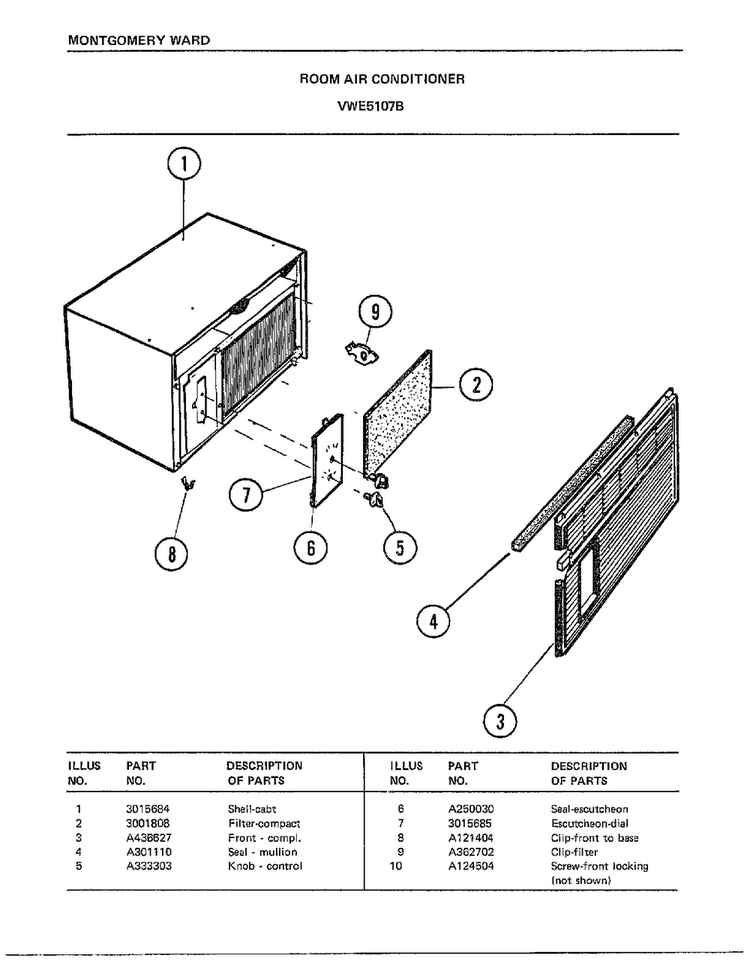 Room Air Conditioner Diagram and Parts List for 5107B  Frigidaire Air Conditioner