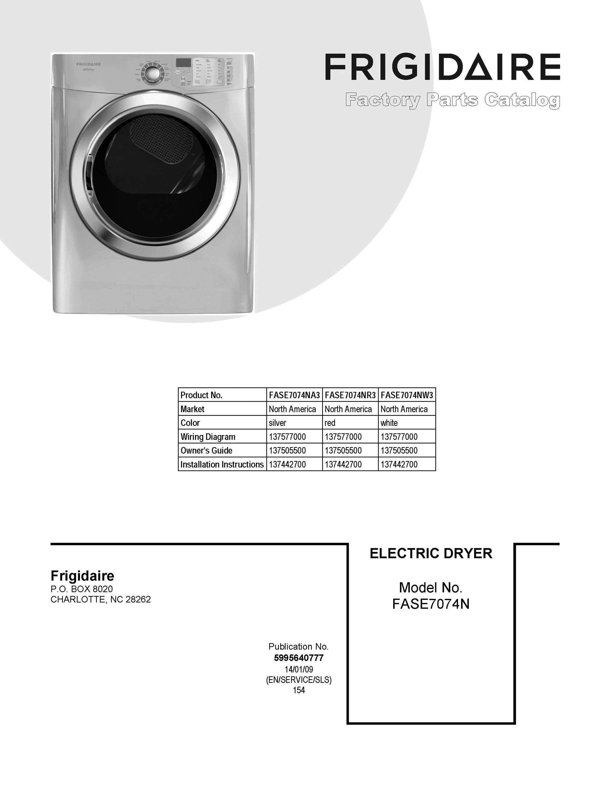01 - COVER SHEET Diagram and Parts List for FASE7074NR3  Frigidaire Dryer