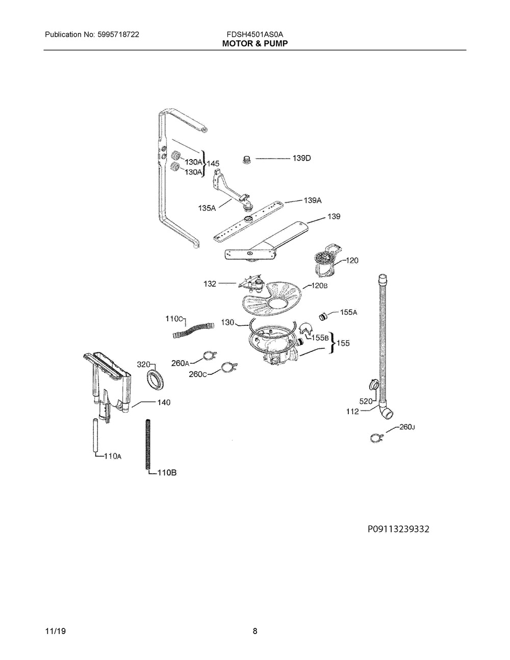 Motor & Pump Diagram and Parts List for FDSH4501AS0A  Frigidaire Dishwasher